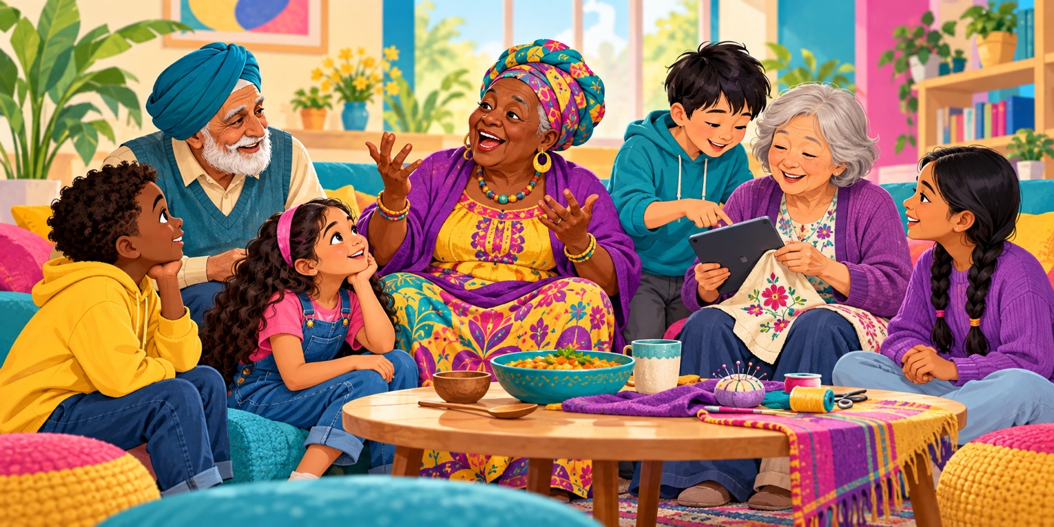 Illustration of children and grandparents sharing food, stories, craft and technology at home